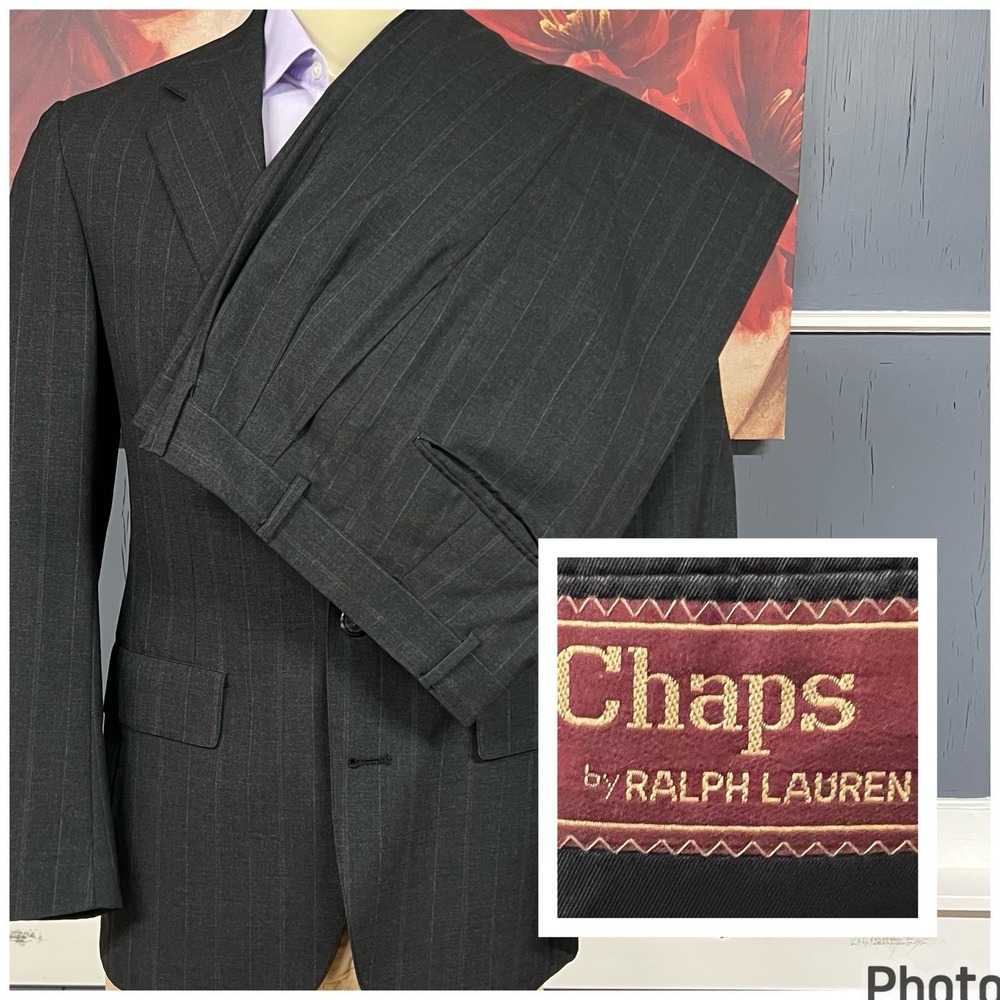 Vintage Chaps Ralph Lauren Suit Men 38R Wool Pleated Pants 30x28 Dark Gray/Green